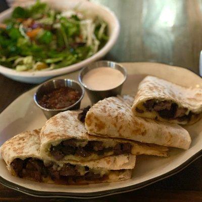 Rhode Island Avenue quesadillas (steak) with a side salad of greens, grape tomatoes and chickpeas with a breath of cumin