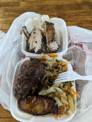 Small jerk chicken with rice and peas and cabbages