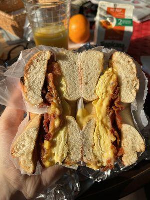 Bacon egg and cheese on an everything bagel (also bought the carton of orange juice there)