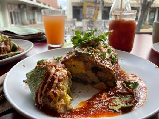 Breakfast burrito, Bloody Mary and a mimosa.