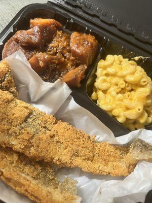 Fried Whiting Fillet, Mac-N-Cheeseand Smoking yams