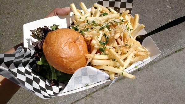 Portabello slider and garlic parmesan fries