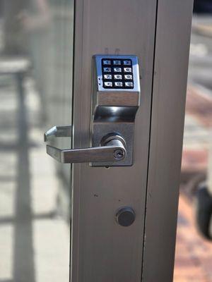 Trilogy code lock installed on aluminum door in White Plains