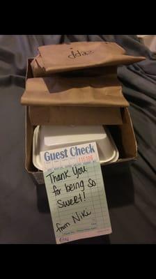 Box of desserts I ordered to my boyfriend's house to surprise him, including the note I requested for it, written by the very friendly staff