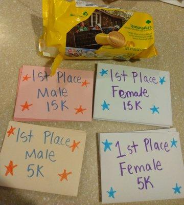 Getting prizes ready while fueling up on cookies the night before the race.