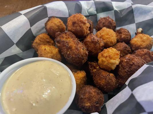 Fried Cheese Cubes.  Cheddar and PepperJack.  They overcooked them and they were hard.  Pjack ones were creamy and spicy!