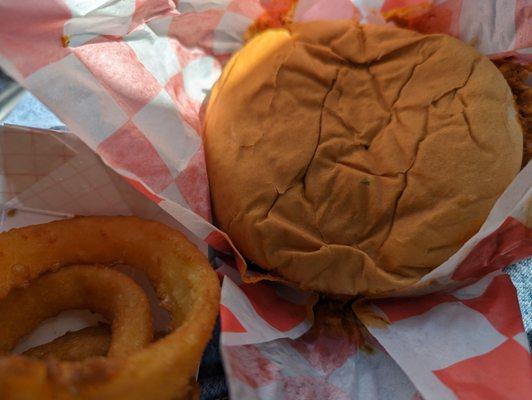 Chili Cheeseburger and Onion Rings