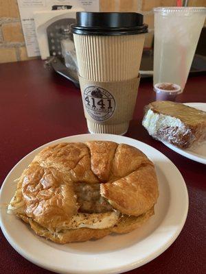 Croissant sandwich, mocha, and lemon cake