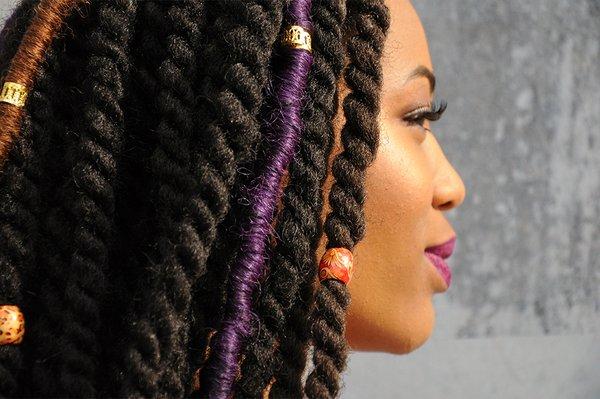 Ebony Roots Hair - Long Twist Extensions with Purple Loc and Hair Jewelry.