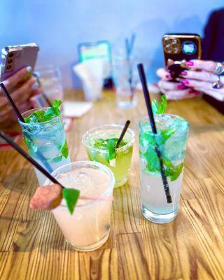 Happy hour treats!! Watermelon Margarita, Jalapeño margarita, and two virgin mojitos - super refreshing!