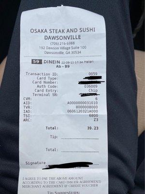 Receipt from two people eating