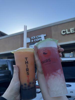 Drinks in front of the storefront