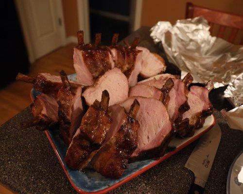 Hatfield crown roast, sliced into pork chops.  Possibly the best pork we've ever had.