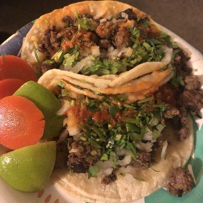 2 side order of tacos with carne asada (steak)