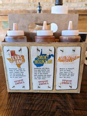 BBQ sauces on table, 2 of 3. Texas Twang, Smoky Mountain, Memphis Belle.