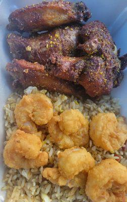 Lemon pepper wings, shrimp and rice