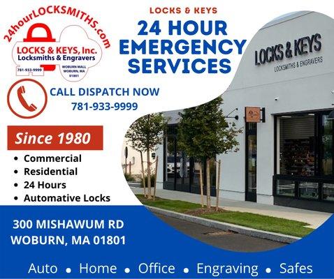 24 hour mobile Locksmith service! Or stop by our store at 300 Mishawum Road in Woburn for Key duplicates! We make most Car Keys and remotes