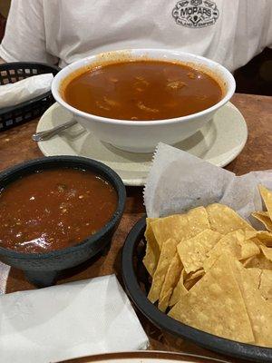 Menudo (before the toppings), chips & salsa