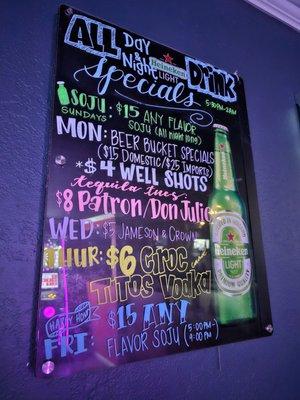 Daily drink specials as of May 2023