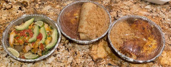 Left to right: Pollo con Verduras, Chicken Chimichanga, Burrito De Fajitas