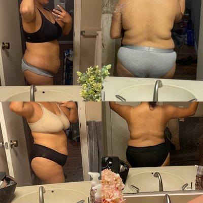 Top pictures are from May 2022 just started training  Bottom pictures are August 25,2022 body composition has changed so much !