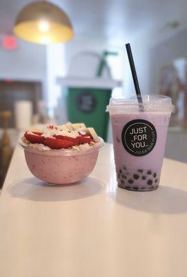 Strawberry bowl with Boba Tea