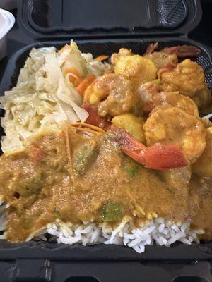 Curry, shrimp with rice and cabbage