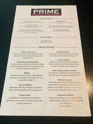 This is Prime's full menu. This menu is only served in the restaurant and not the Lounge.