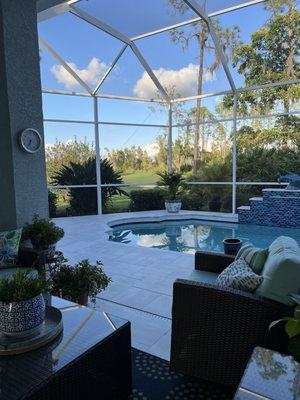 New pool with water feature and new stone deck