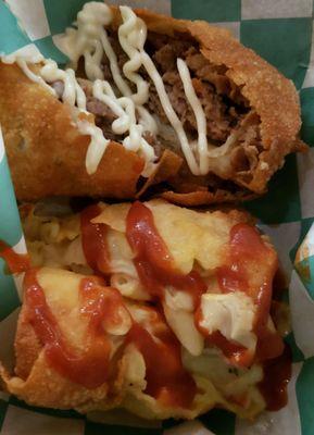 On top cheesesteak egg roll with mayo drizzle and on bottom bacon mac and cheese egg roll