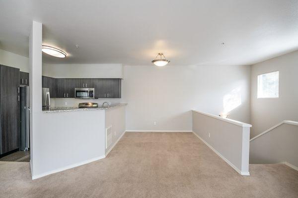 Carpeted living room. Kitchen with hardwood style flooring and stainless steel appliances.