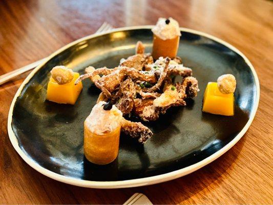 Amuse Bouche... fried mushrooms, squash gel thing, and salmon salad with black truffle.