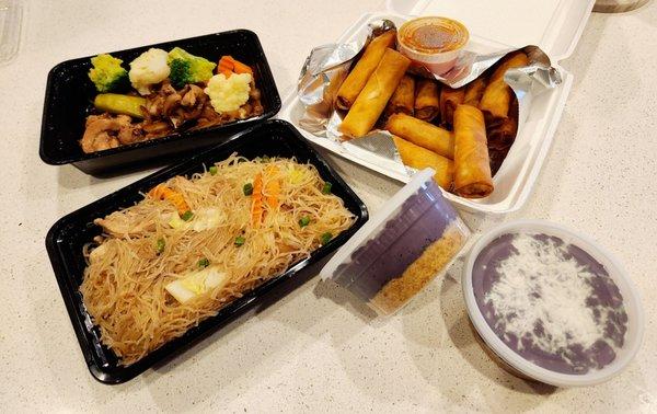 Chicken Adobo and Steamed Veggies, Pancit, Lumpia, Ube Cheesecake