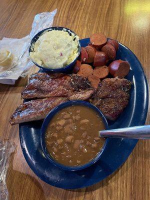 2 meat plate ribs, sausage, beans, potato salad