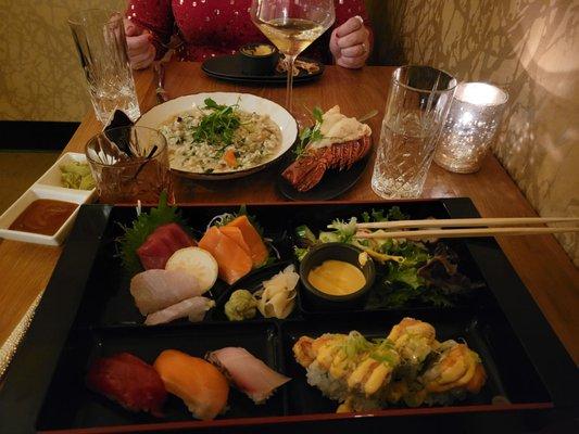 Sushi and Sashimi Bento Box and Risotto with added Lobster tail