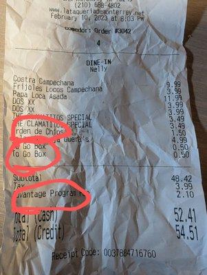 Ridiculous charges for to go boxes, chips and salsa (no one said they would charge..) , and a mysterious advantage program charge.