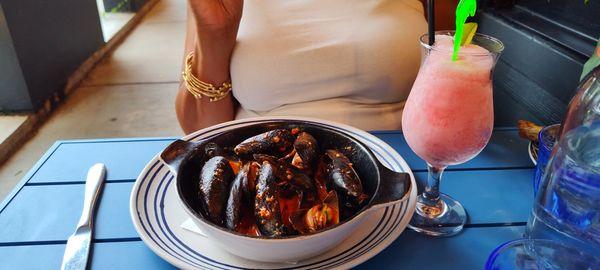 Steamed Mussels in Red Sauce. So tasty.
 Frozen Prickly Pear Margarita.  Refreshing & Vibrant.