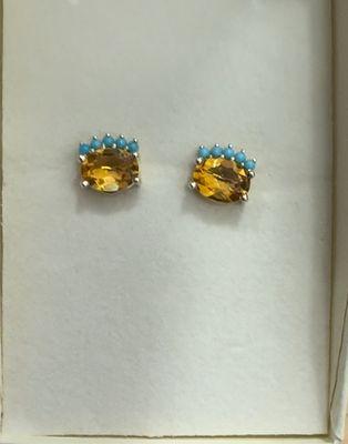 "Meridith" 
Stunning Citrine with Turquoise hand made Gold earrings