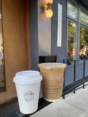 Cappuccino & iced oat latte = $9.45