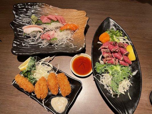 Sashimi, Steak, Kaki Fry