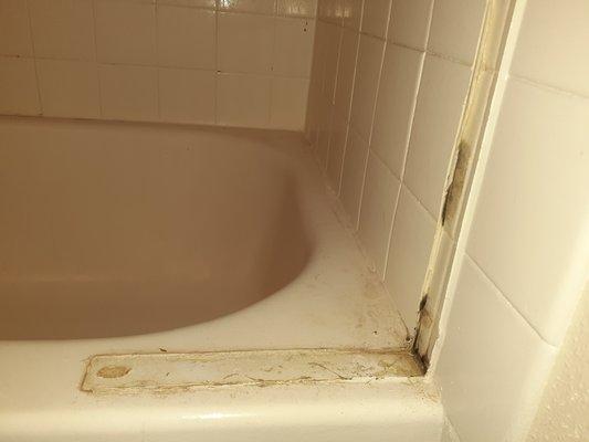 DISGUSTING tub! The plastic water guard fell off while showering & this is what was revealed.