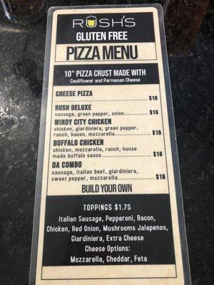 Pizza menu