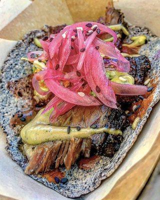 2019 Taco Truck ThrowDown 1st place winning taco. Char Siu Brisket on a homemade blue corn tortilla