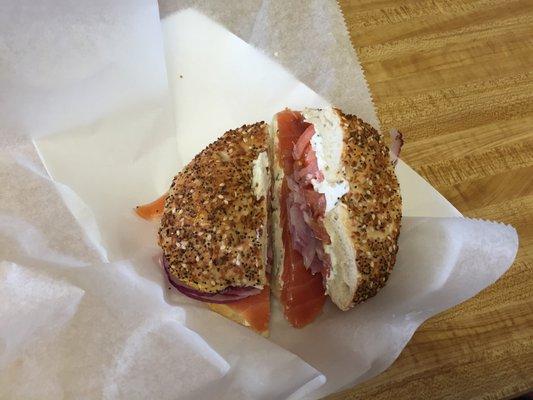 Nova lox, garlic herb cc, tomato, Bermuda onion, capers! DELICIOUS!