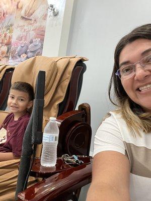 Mom and Son date. Pedicure time and relaxing in these massage chairs