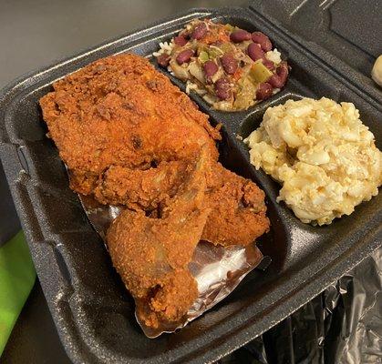 Fried Chicken Entree with Mac n Cheese and Rice and Beans