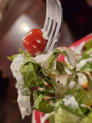 Close-up of a fork holding portions of the fresh salad.