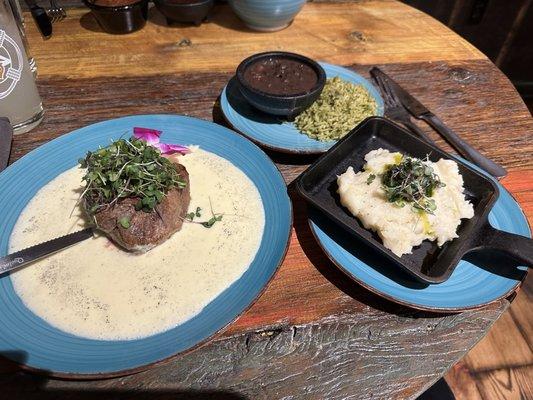 Fabulous filet mignon with mashed potatoes, delicious black beans and cilantro rice!