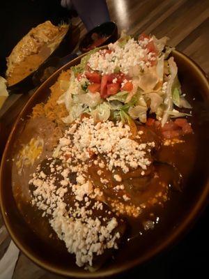 Special Chile rellano, chicken enchilada, and some kind of steak dish on dough.