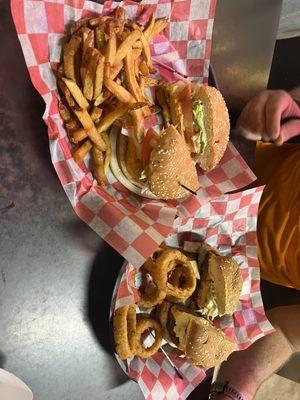 This is the grilled chicken sandwich and fries after I waited for the fries and my husband's mervs burger with onion rings